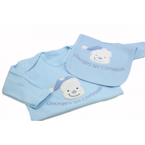 Personalised Baby Boy First 1st Christmas Sleepsuit Grow & Bib Gift Set